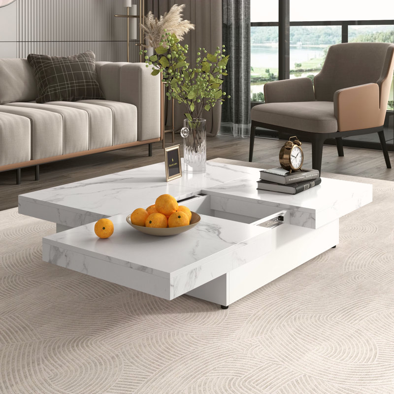 Table basse carrée en placage de marbre avec plateau coulissant et rangement