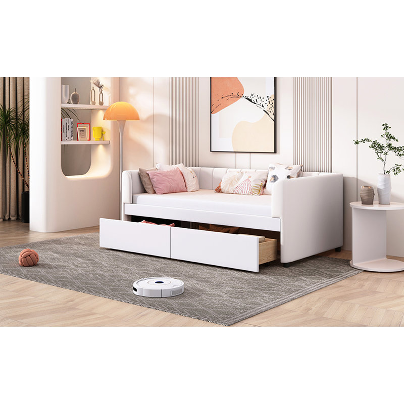 Beige Twin Upholstered Daybed With 2 Drawers And Ergonomic - Classic Stripe Headboard For A Comfortable Bedroom Survey Size Back Support Stylish Scrutiny