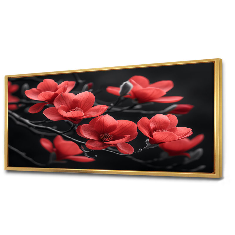 «Magnolias Photo II» - art mural rouge, Cadre flottant doré, H 28 po x l 60 po