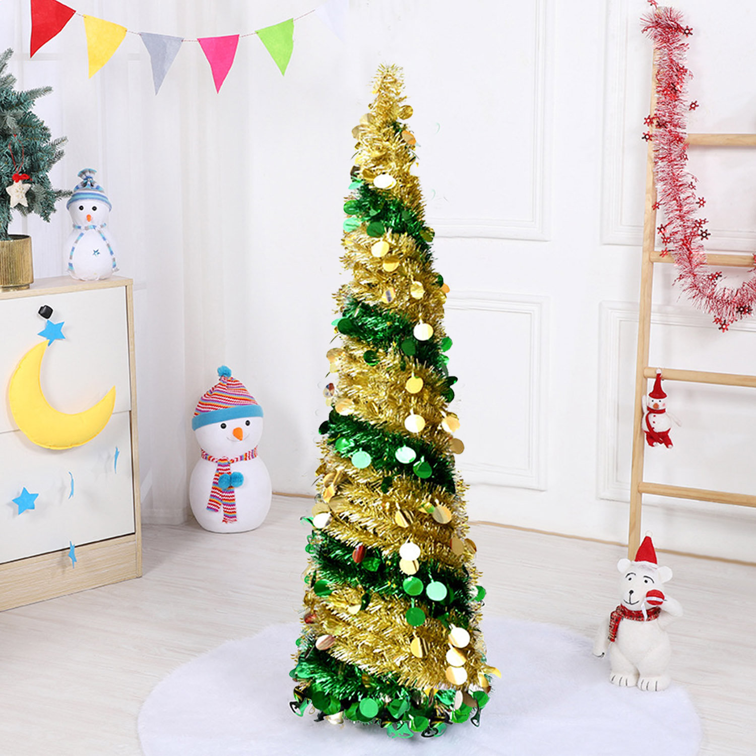 Collapsible Tree In R The Holiday Aisle® 4.9ft Pop Up Christmas Tree, Gold Green Sequin ...