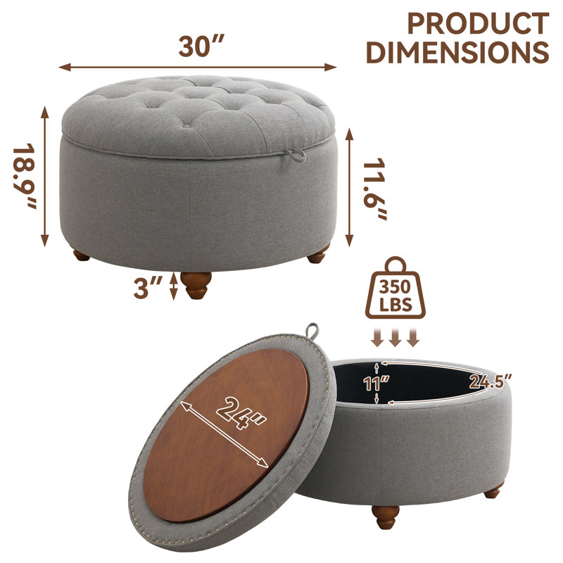 30’’ Wide Upholstered Tufted Round Storage Ottoman, Light Gray Linen