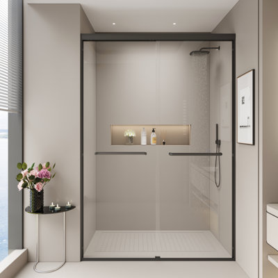 44 - 48 po Porte de douche semi-coulissante double W, verre trempé de 1/4 po de 6 mm, noir mat, coulissante silencieuse, réversible pour alcôves, largeur réglable de 72 H, lisse et silencieuse, film brisé,