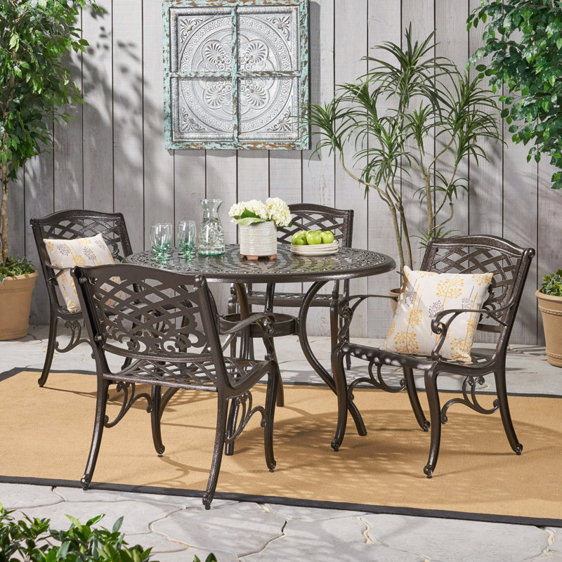 Ensemble de patio 4 pièces, table en fonte d'aluminium avec volutes et chaises assorties, salle à manger d'extérieur toutes saisons