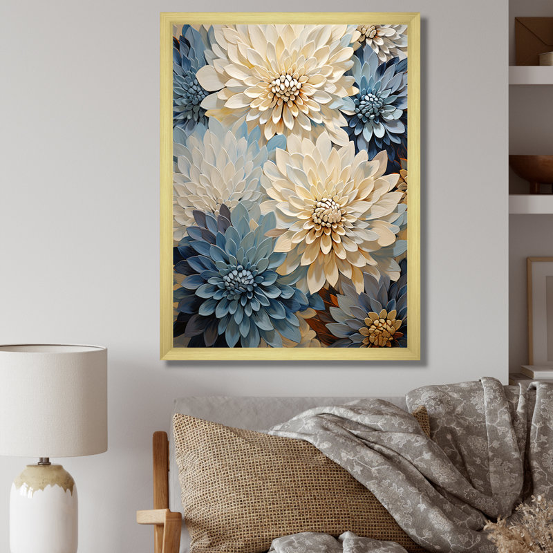 Minimalisme «Blooming Mums» en beige et bleu pâle III sur toile, Cadre doré simple, H 44 po x l 34 po x P 1,5 po