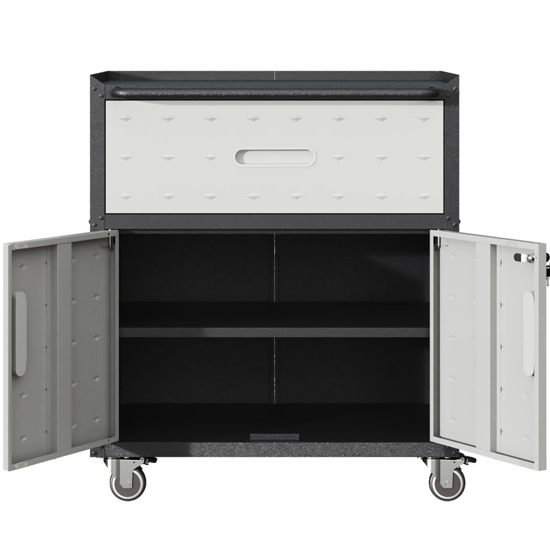 Metal Rolling Garage Cabinet With Locking Door - 28.89"W X 16.08"D 34.14"H, 1 Drawer, Black And Grey, Heavy-Duty Storage Mobile Tool 2 Doors, Grey Unit