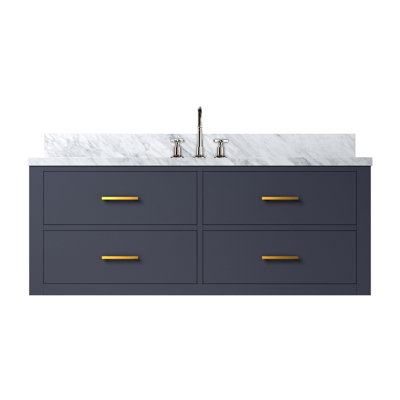 Meuble-lavabo bleu l 48 po x P 22 po avec comptoir en marbre et robinet, fermeture en douceur, contreplaqué en bois massif 48 po Panneaux de salle de bain