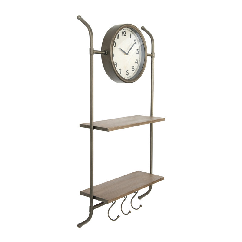 Wall Clock with 2 Shelves & 3 Hooks, Bronze