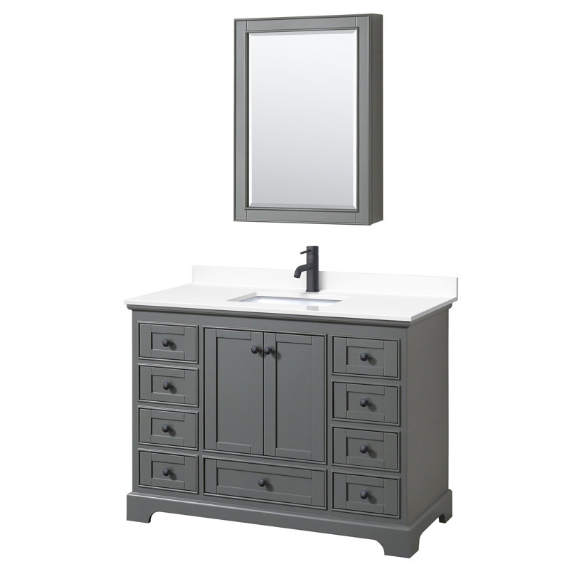 Ensemble de meuble-lavabo simple 48 "avec miroir Deborah, Marbre de culture blanc, Gris foncé, Chrome poli