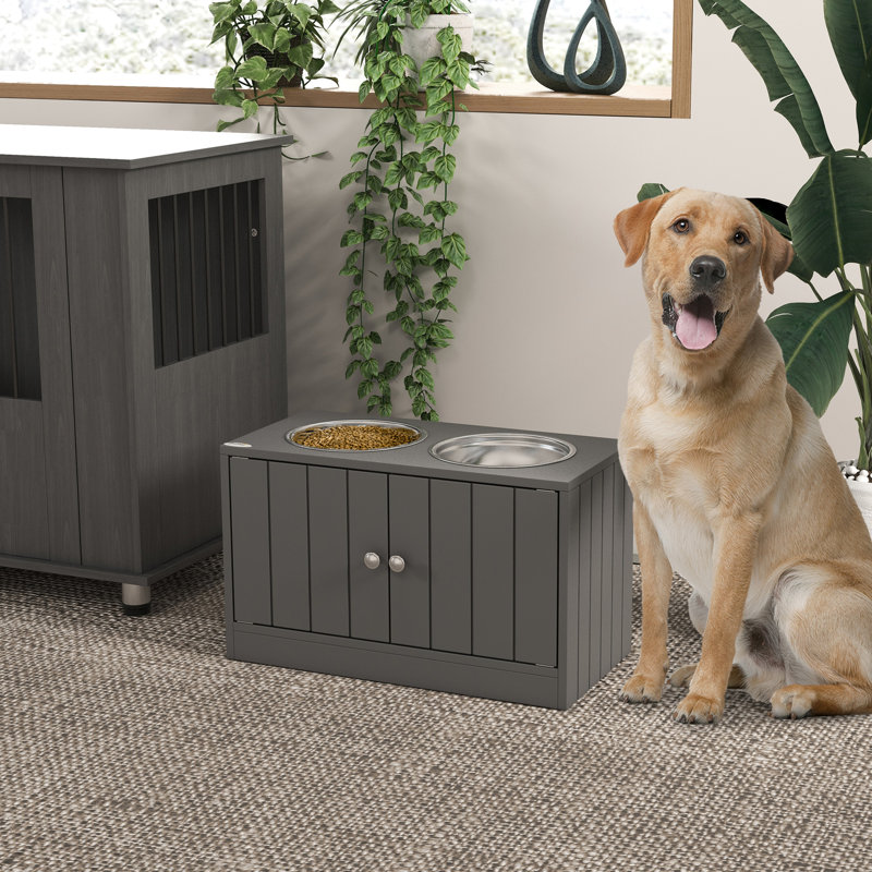 Armoire surélevée pour bols pour chien avec rangement, station d'alimentation, bols à nourriture gris de 44 L, gris, support