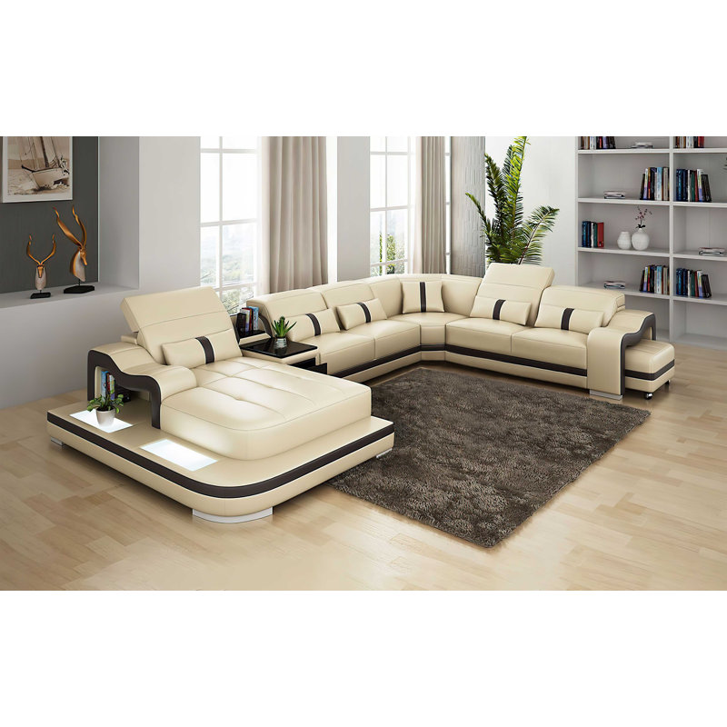 Linsee 168" Wide Leather Modular Sofa & Chaise with Ottoman, Left Hand Facing, Black/White Faux Leather