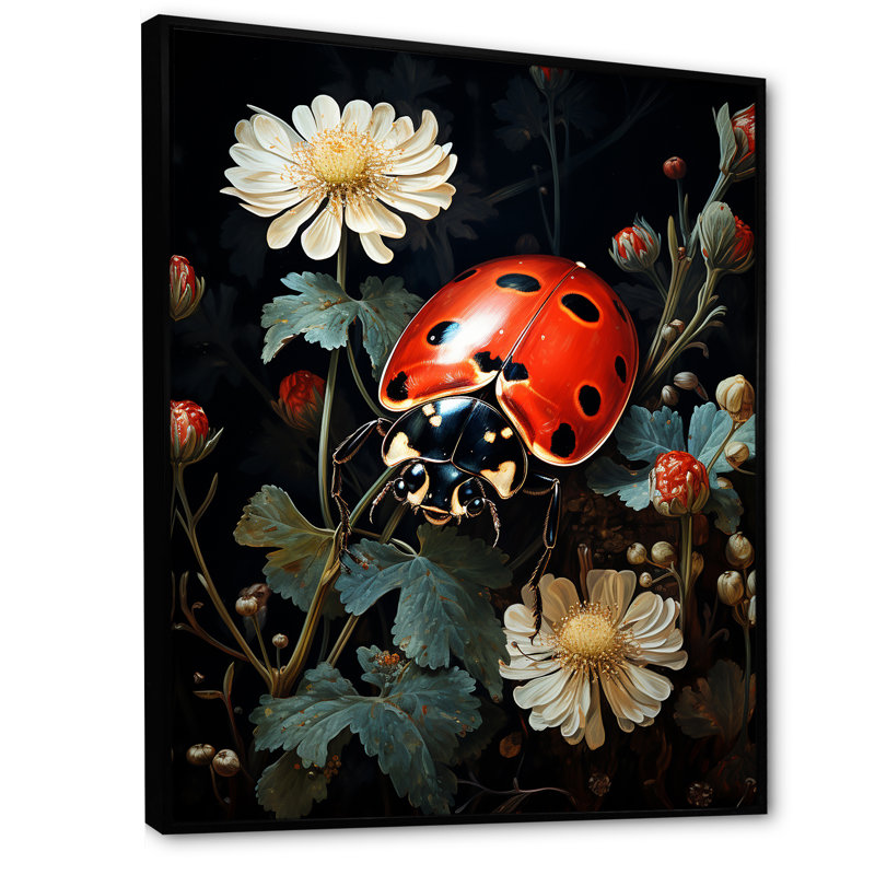Coccinelle à motif floral sur toile, Cadre flottant noir, H 20 po x l 12 po x P 1 po