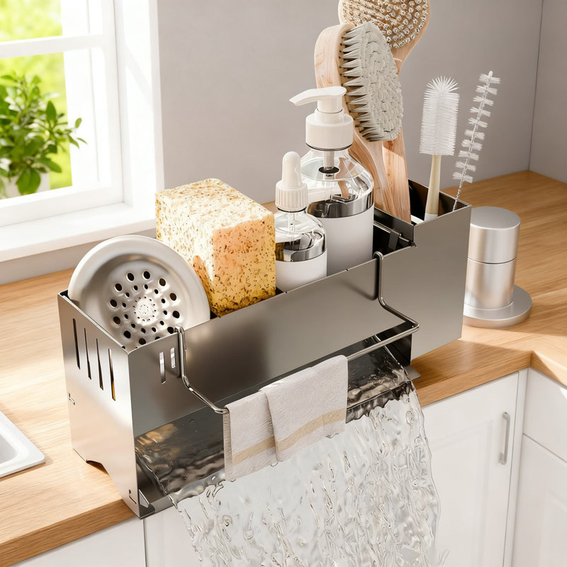 Organisateur d'évier de cuisine avec système de vidange automatique, éponge antirouille et porte-brosse pour rangement sur le comptoir et rangement compact