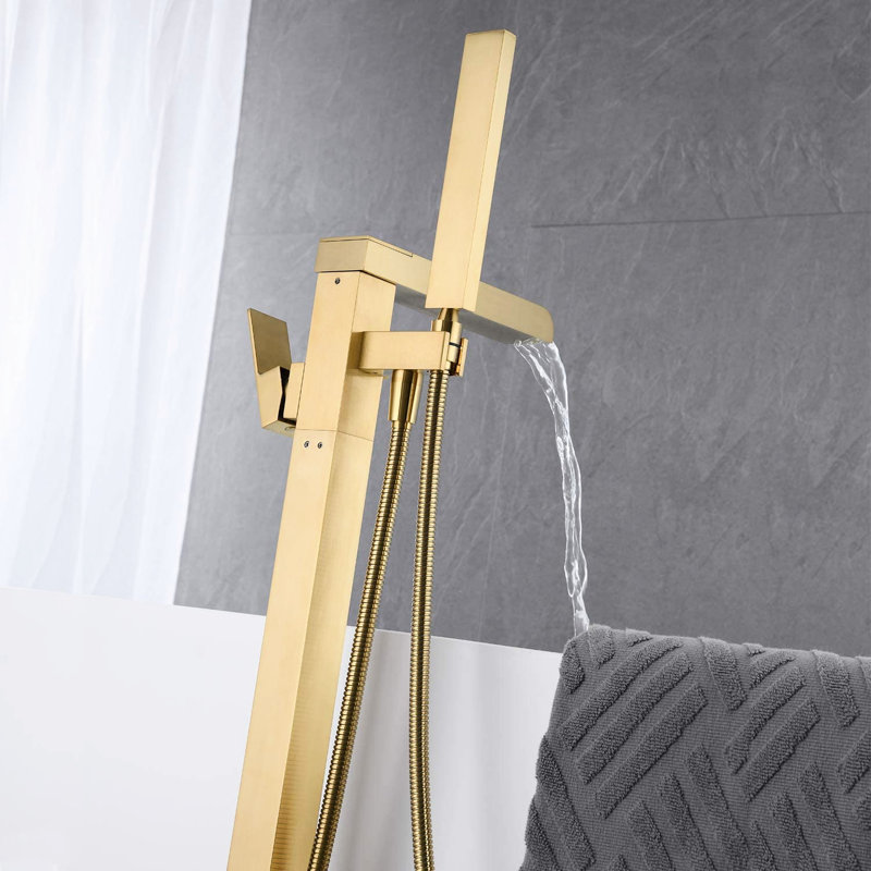 Bathroom Waterfall Tub Filler - Floor Mounted, Brushed Gold, With Lever Handles And Functional Handheld Shower For Convenience Stylish Mounted Faucet Gold