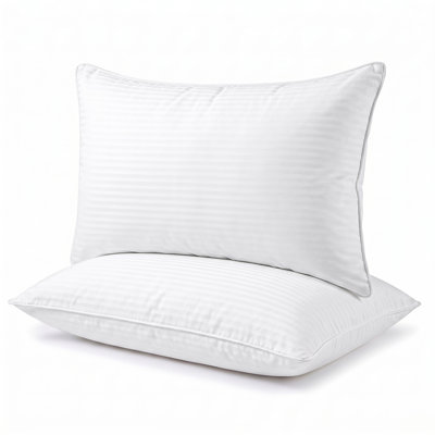Luxury Stripe Goose Feather Pillows, Plush Support Queen bed Pillows with Cotton Cover