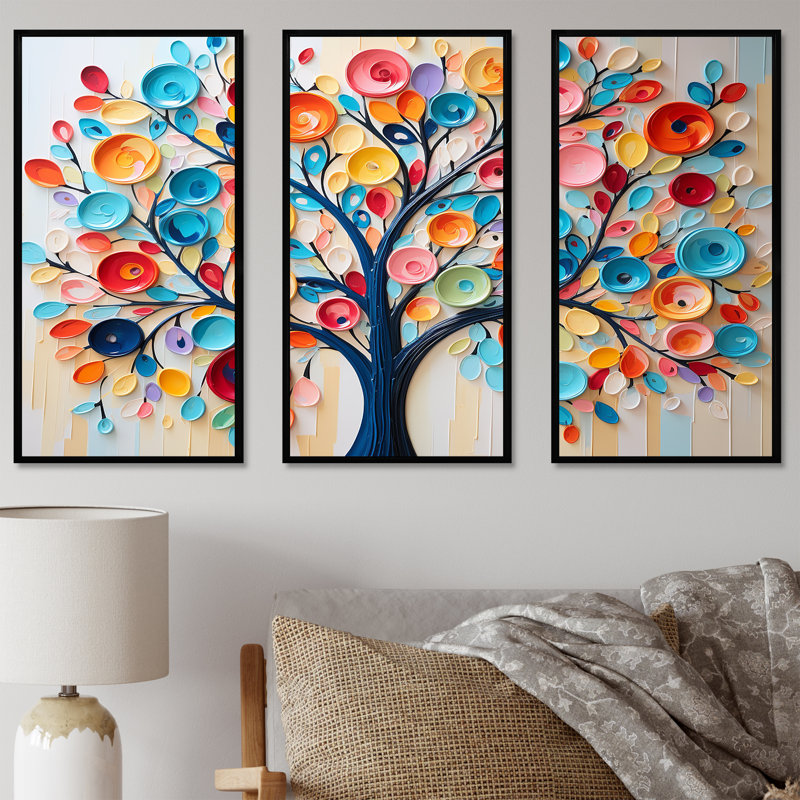 Arbre coloré abstrait 1 - Art mural africain, Cadre flottant noir, H 40 po x l 61 po x P 1 po