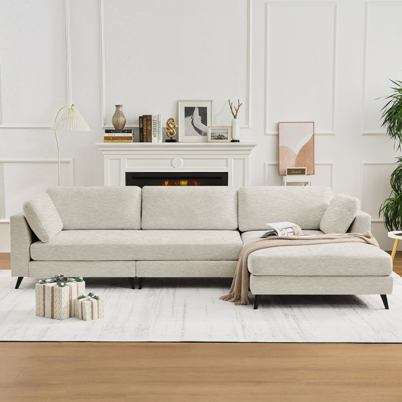 Chenille Upholstered 3-Seater L-Shaped Sofa With Chaise And Wide Back Cushions, Khaki Chenille