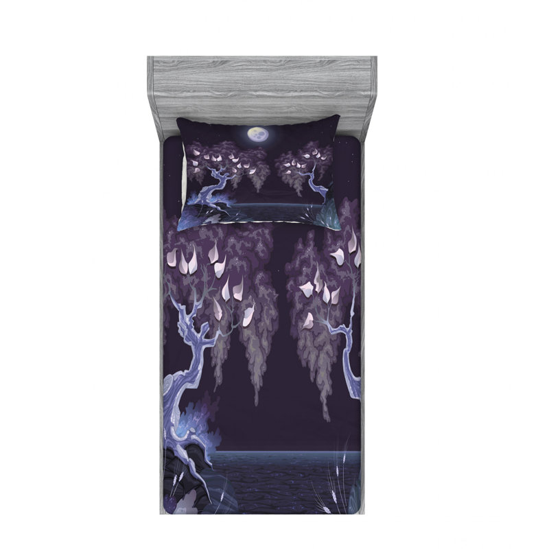 Ensemble de draps Vibrant Full Moon by the Lake Night, Ensemble de draps pour lit simple avec 1 taie d'or
