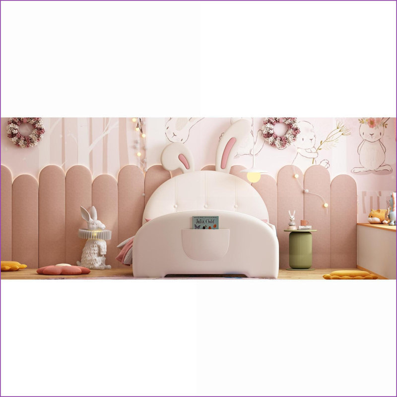 Structure de lit simple en MDF avec tête de lit en forme de lapin et amp; Pied de lit, lit tapissier blanc sans sommier