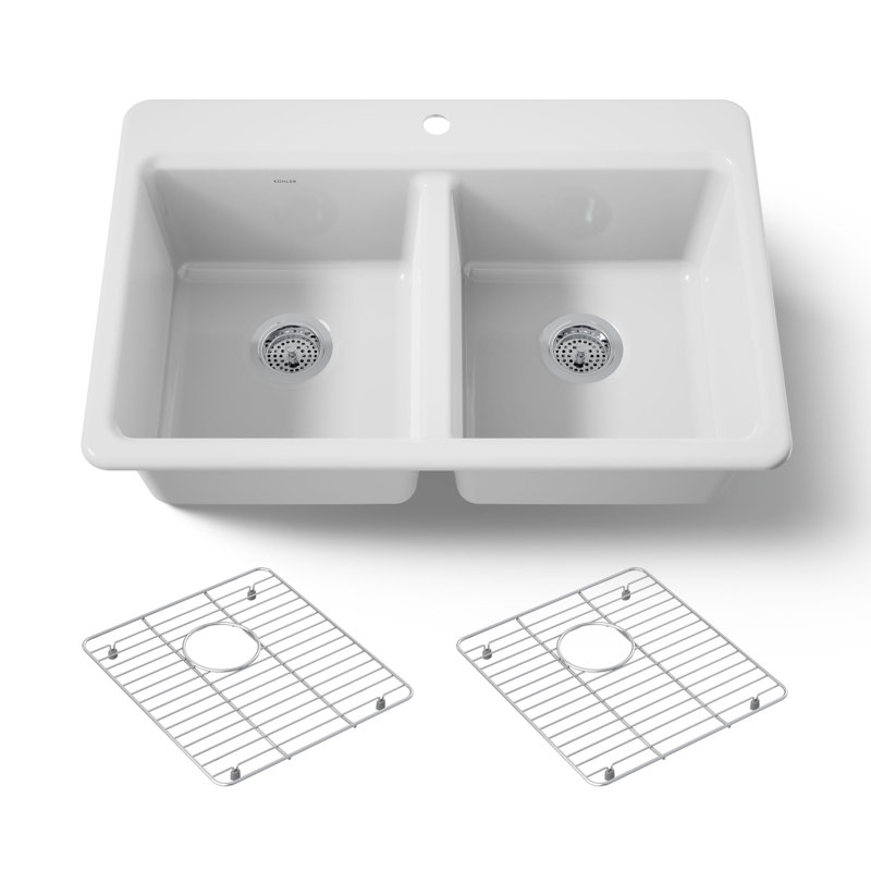 Riverby 33 In. Top-Mount Double-Bowl Kitchen Sink, 1 hole, White, Double-equal bowls