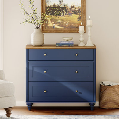 Dresser For Bedroom With 3 Drawers, Kids Dressers With Wide Chest Of Drawers, Mid Century Modern Wooden Closet Storage Organizer For Living Room, Nursery, Hallway, Navy Blue