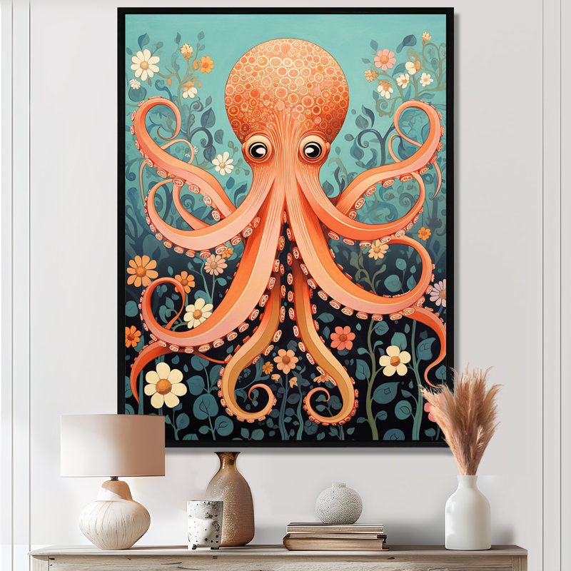 Orange pieuvre - pieuvre / calmar, reproduction d'art murale, Toile flottante noire encadrée, H 20 po x l 12 po
