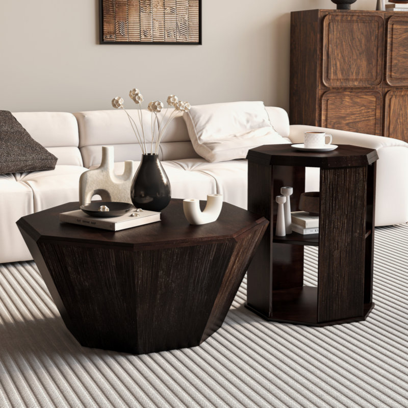 Octagonal Log Color  Rubber Wood Set Of Two Coffee Table, Coffee Table, Living Room Bedroom(Set Of Two Pieces), Walnut
