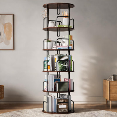 Pour la chambre à coucher et le salon, bibliothèque rotative à 5 niveaux, finition brune, rangement vertical pivotant à 360 degrés avec panneau de fibres à densité moyenne et fabrication en fer