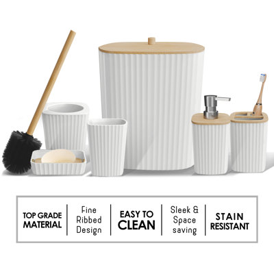 Complete 11 Piece Bathroom Accessory Set with Bamboo Accents, Trash Can, Toilet Brush & 5 Shower Caddies Included