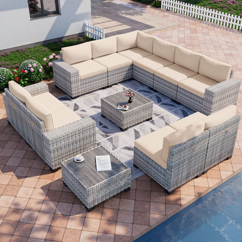 Ensemble de canapé modulaire d'extérieur en osier de 12 pièces avec ensemble de conversation avec coussins épaissis et table basse pour jardin, cour, piscine