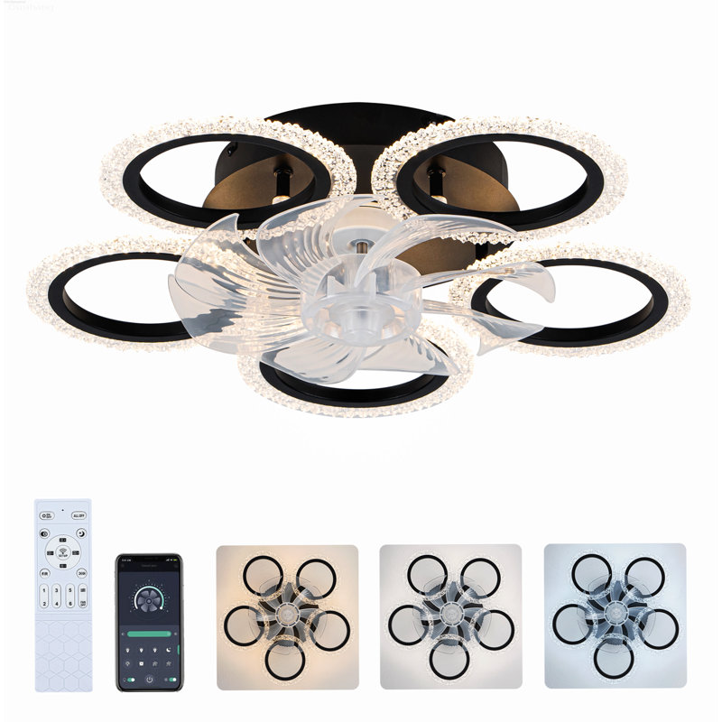 Ventilateur de plafond encastré réversible géométrique moderne à 6 vitesses avec lumière, noir, Model B