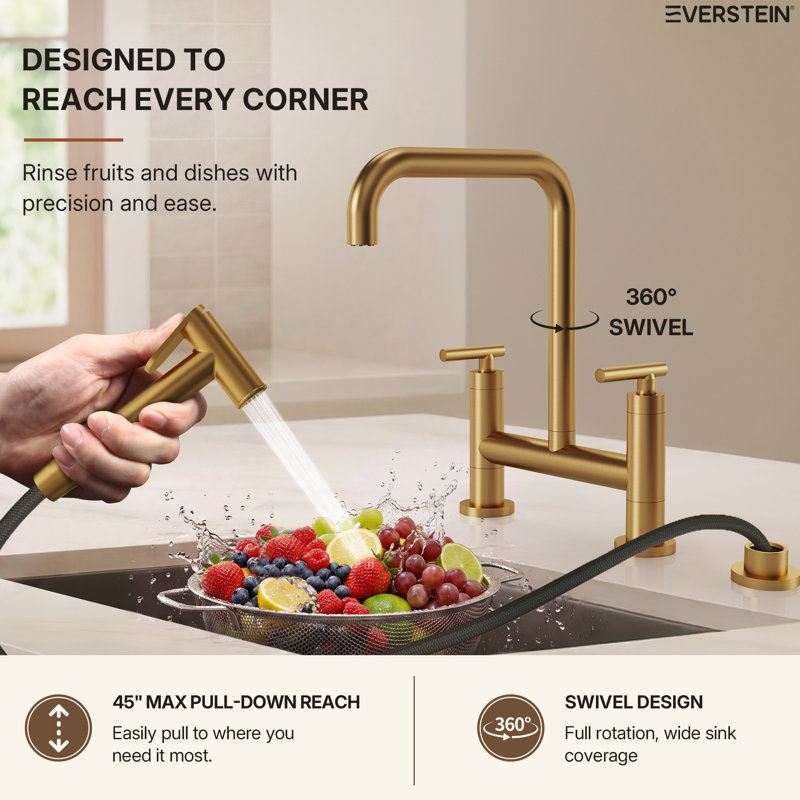 Bridge Kitchen Faucet with Swivel Spout, 2-Handle Kitchen Faucet with Side Spray, Brushed Gold