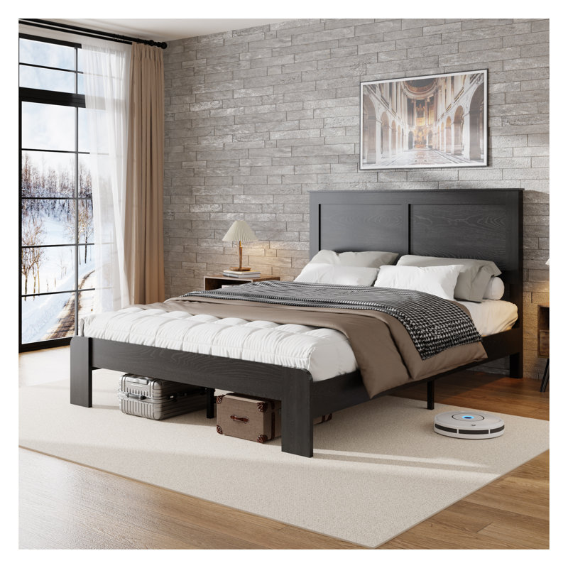 Structure de lit plateforme double avec lattes de bois et rangement sous le lit, noir