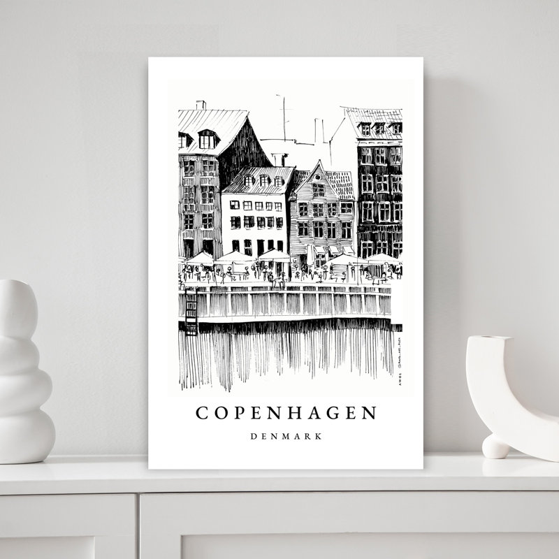 Copenhagen Waterfront Sketch Abstract Contemporary Architecture City Wall Art Print by Alex Nereuta - Wrapped Canvas Print