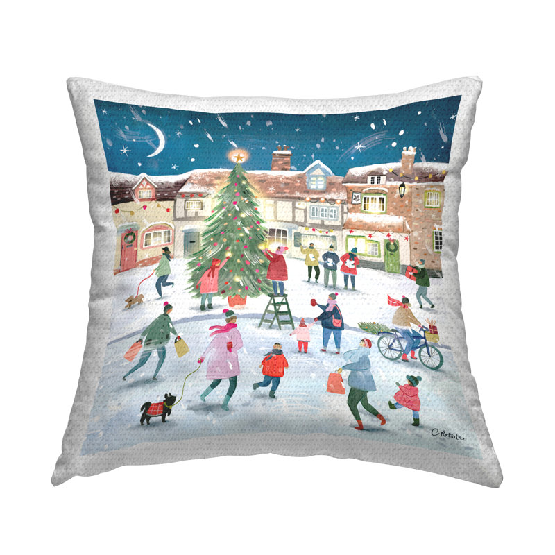 Coussin extérieur pour arbre de Noël festif Winter Town par Clair Rossiter