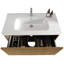 Élégant meuble-lavabo rayé en chêne naturel avec lavabo intégré, conception flottante murale pour une organisation de salle de bain moderne et un attrait esthétique.