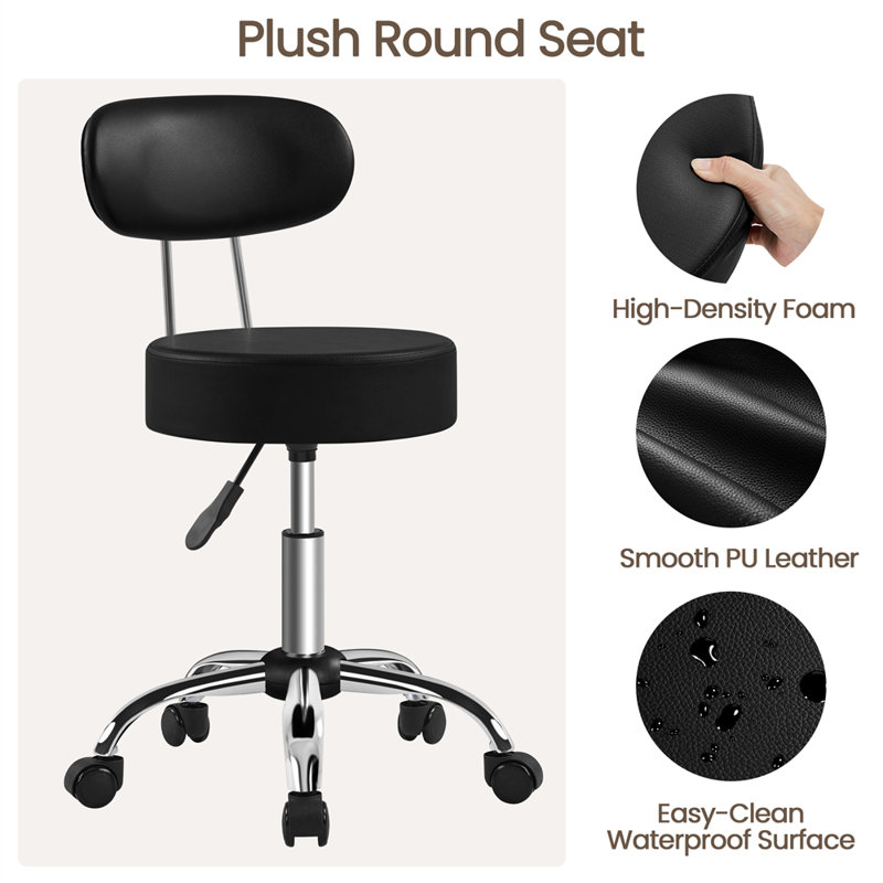 Backed Adjustable Height Ergonomic Industrial Stool, Black