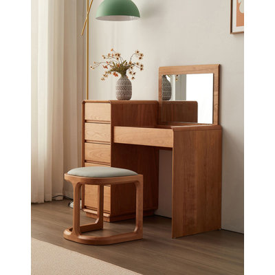 Table de maquillage moderne en bois de cerisier massif avec miroir rabattable et commode à tiroirs