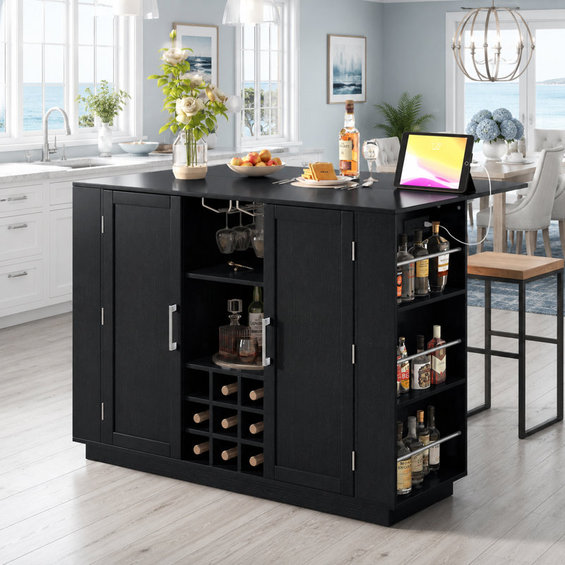 Îlot de cuisine moderne avec rallonge, prise de courant, support à vin et rangement réglable, Noir