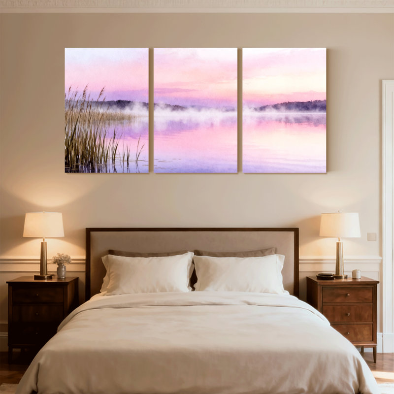 Paysage et nature, lac, brume, roseaux, réflexion, calme, aube, ensemble de 3 impressions sur toile, H 36 po x l 72 po