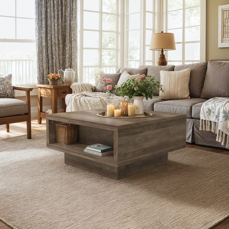 Caomhan Pedestal Coffee Table with Storage, Knotty Oak