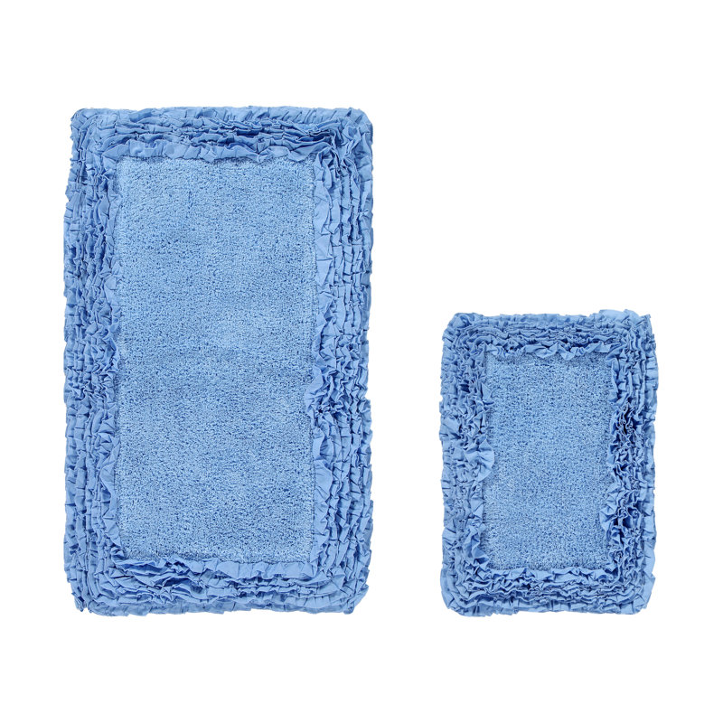 Courson Premium 100% Cotton 1775 GSM 2-Piece Bath Rug Set, OEKO-TEX® Certified, Non-Slip Spray Latex Backing, Plush Tufted Ruffle Pattern, Super Absorbent, Machine Washable Bathroom Rugs, Blue
