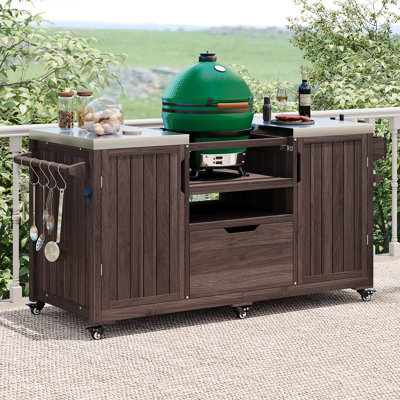 Nymeria 66.5" Solid Wood Outdoor Rolling Grill Cart With Stainless Steel Top