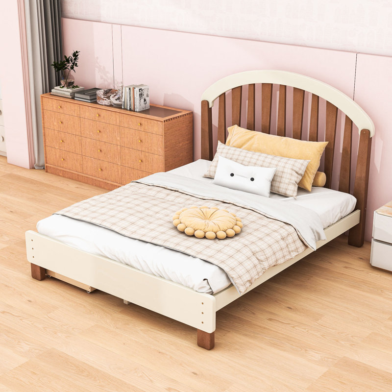 Lit plateforme simple en bois avec tablettes, Lit double, Naturel beige