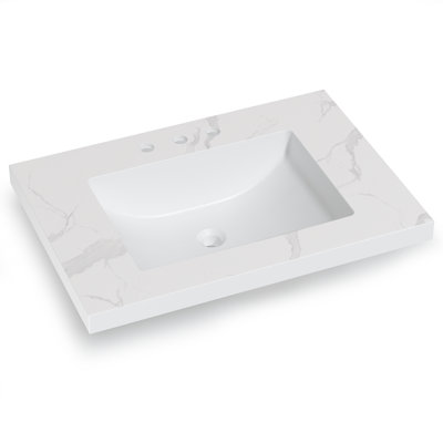 Plateau de meuble-lavabo intégré en pierre reconstituée l 30 po x P 22 po avec lavabo rectangulaire, veinage de marbre, 3 trous de robinet pré-percés
