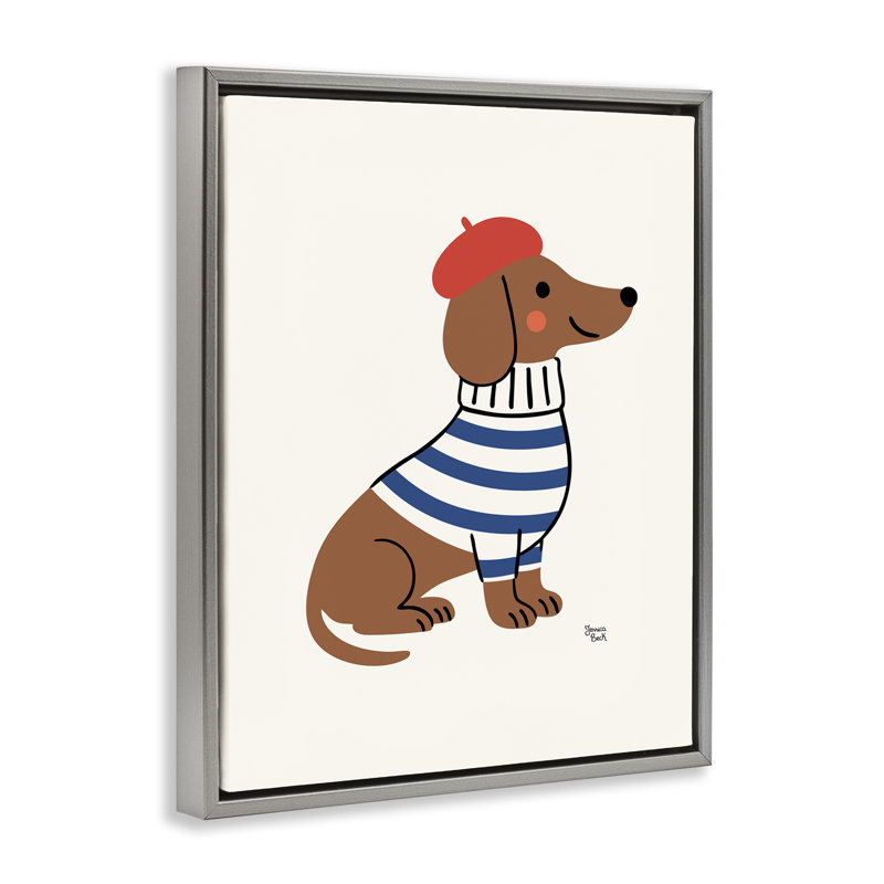 Teckel français dans un cadre flottant béret, design par Jessica Beck, H 31 po x l 25 po, Cadre flottant gris lustré