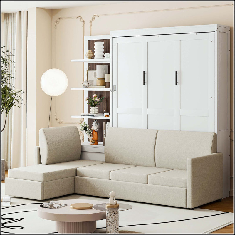 Grand lit escamotable avec canapé et tablettes, Blanc