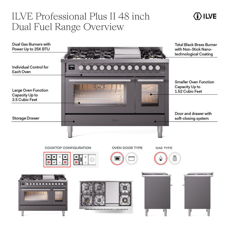 ILVE Professional Plus II 48 Dual Fuel Range , Liquid Propane, Graphite Matte