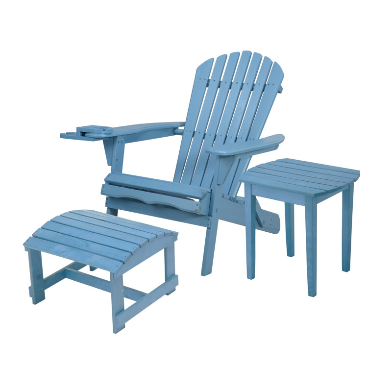 Chaise Adirondack pliante en bois massif avec table Valdese, Bleu clair
