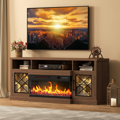 65" 3-Sided Electric Fireplace TV Stand for TVs up to 75", Glass Fireplace Entertainment Center with 30" LED Fireplace, Media Console w/Storage Cabinet & Glass Doors (Walnut)