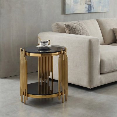 Mid-Century Modern Luxury 18"Dia Round Table, Side Table, Tempered Glass Top, Stainless Steel, End Table, Accent Table, Gold